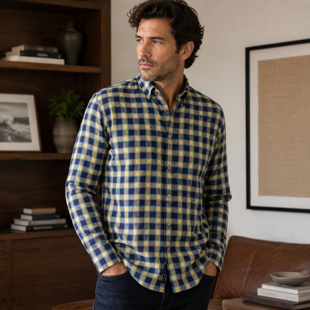 Bugatchi Uomo Mens Plaid Button Down Shirt Sz‎ XL Blue Yellow Cotton Luxury